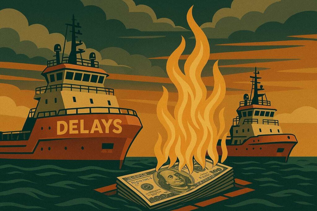 Illustration of two ships labeled "DELAYS" in the ocean, with a stack of burning money floating on a wooden raft in the foreground. The scene, set against an orange and green cloudy sky, hints at offshore wind turbines stalled by Jones Act offshore regulations.