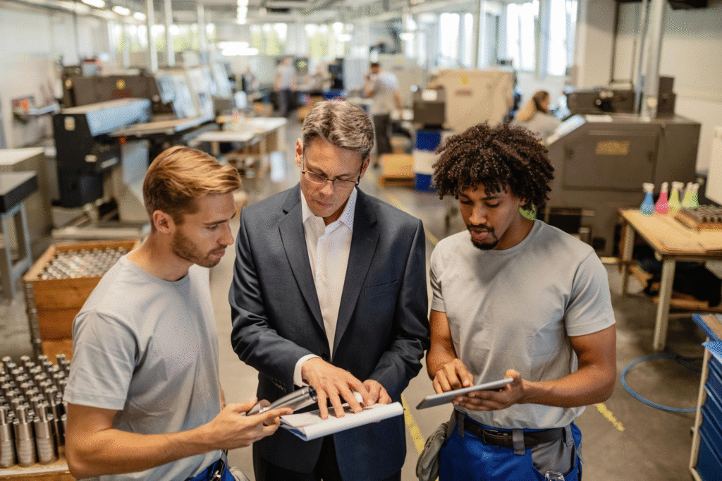 A man in a suit discusses plans with two workers in gray shirts inside a modern factory. The workers hold a tablet and clipboard while machinery and equipment are visible in the background.