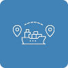 White line drawing of a cargo ship between two location pins on a blue background, symbolizing shipping, port agent services, or global transport logistics.