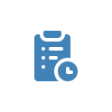 Blue icon of a clipboard with a checklist and a clock in front of it, centered on a white background with rounded corners, representing tasks or scheduling.