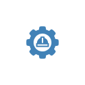 A blue gear icon with a white center displaying a blue construction helmet, symbolizing settings or tools related to construction or engineering, on a white background with rounded corners.