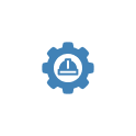 Blue gear icon with a white hard hat in the center, symbolizing construction or engineering settings, on a white background with rounded corners.