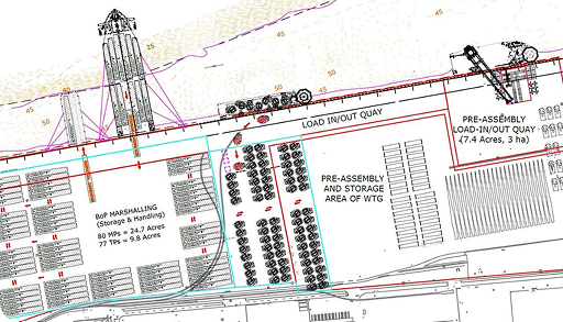 A technical site plan showing labeled zones for load-in/out quays, pre-assembly areas, storage, and marshalling, with various equipment, cranes, and organized rows of components illustrated.