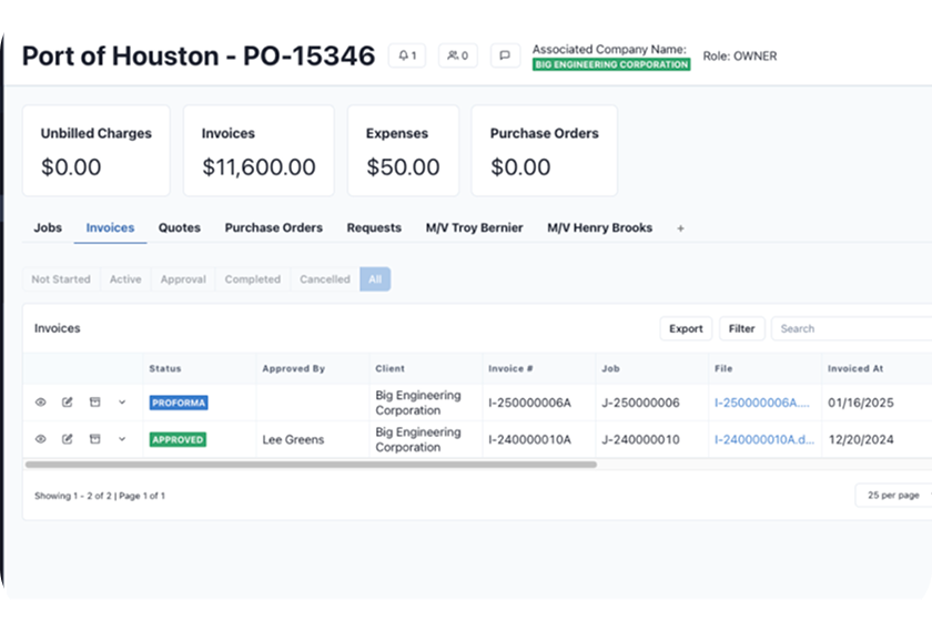 A dashboard for Port of Houston PO-15346 shows tabs for jobs, invoices, quotes, purchase orders, requests, and users. The invoices tab displays two invoices, their amounts, approval status, and related job details.