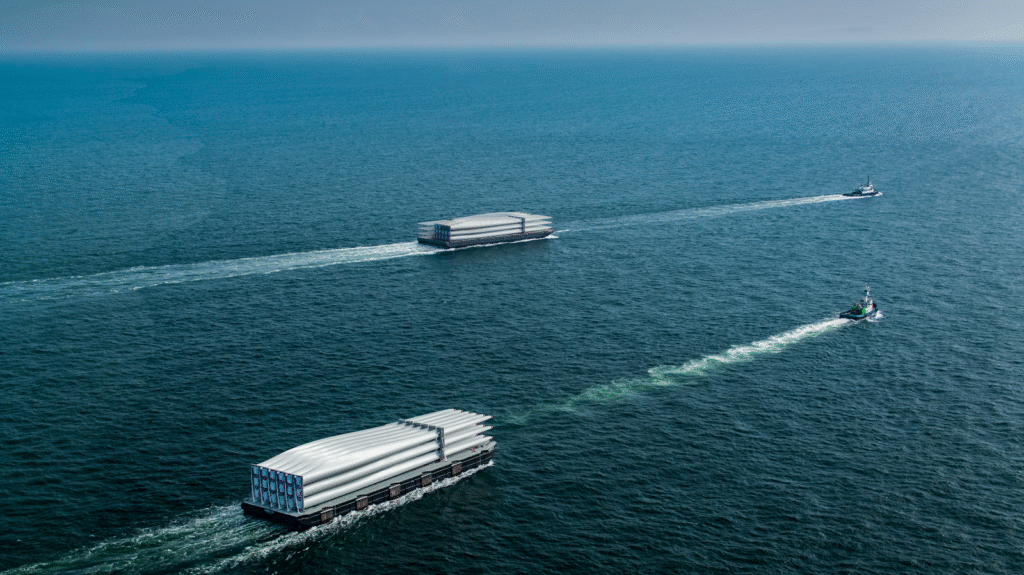 Two barges transport oversized wind turbine blades across the open sea, accompanied by tugboats, following a purposed route survey under a clear blue sky.