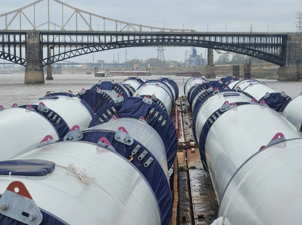 Rows of large cylindrical metal tanks, considered an oversized load and covered with blue tarps, are loaded on a barge floating on a river, with two steel bridges along the purposed route and an industrial landscape in the background.