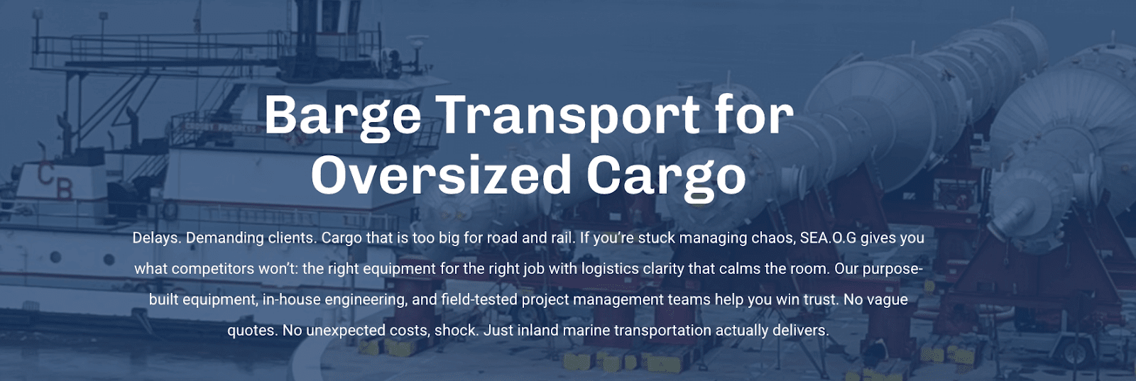 A barge loaded with large cylindrical cargo is docked; overlay text reads “Barge Transport for Oversized Cargo” with a description of specialized logistics, heavy haul freight, and equipment for transporting large freight.