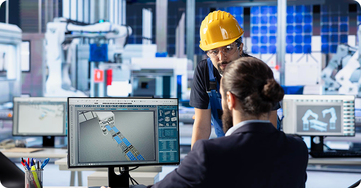 Two engineers in a high-tech industrial setting review a mechanical part design on a computer screen; one is seated in a suit, and the other stands wearing a yellow hard hat and safety glasses. Robotic arms are visible in the background.