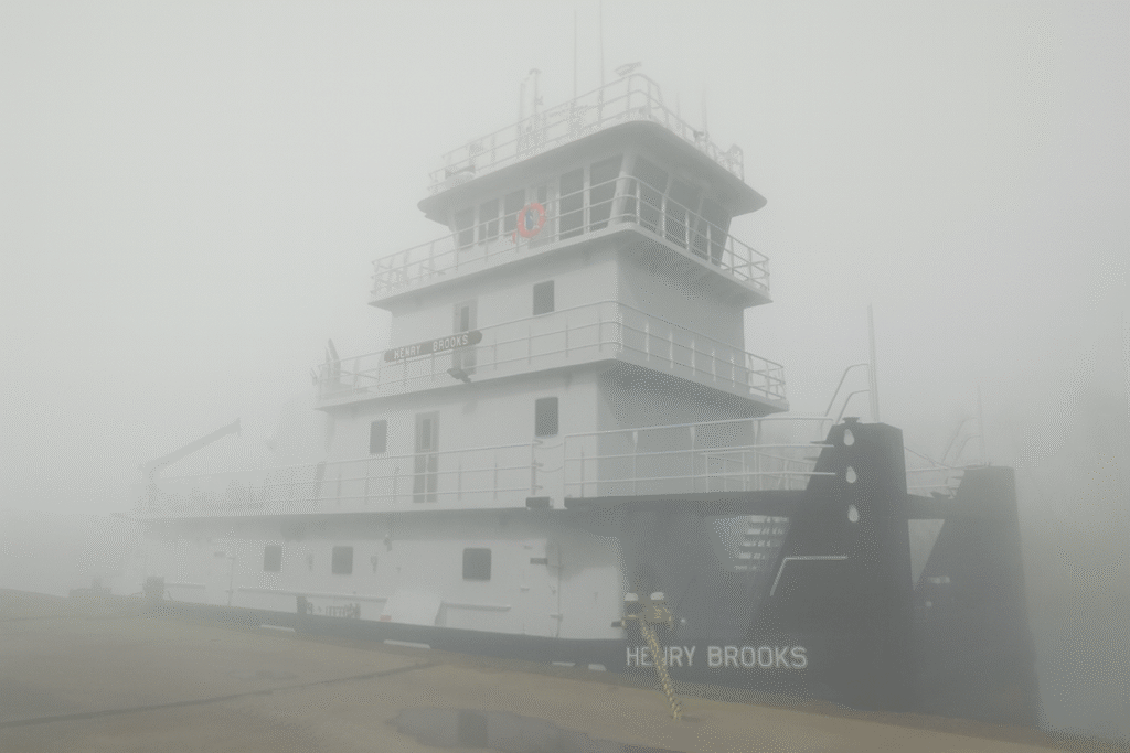 A large white riverboat named "HENRY BROOKS" is docked at a pier, partially obscured by thick sea fog, with its name visible on the side and upper deck.