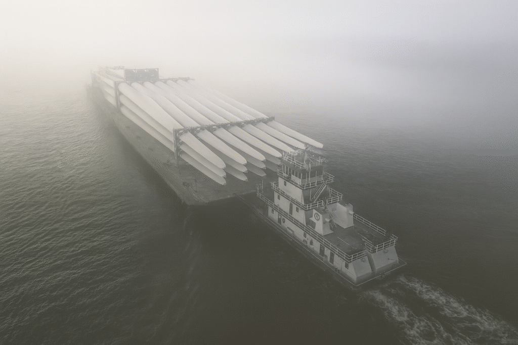 A tugboat pushes a large barge loaded with wind turbine blades through sea fog, with limited visibility and a muted, atmospheric background.