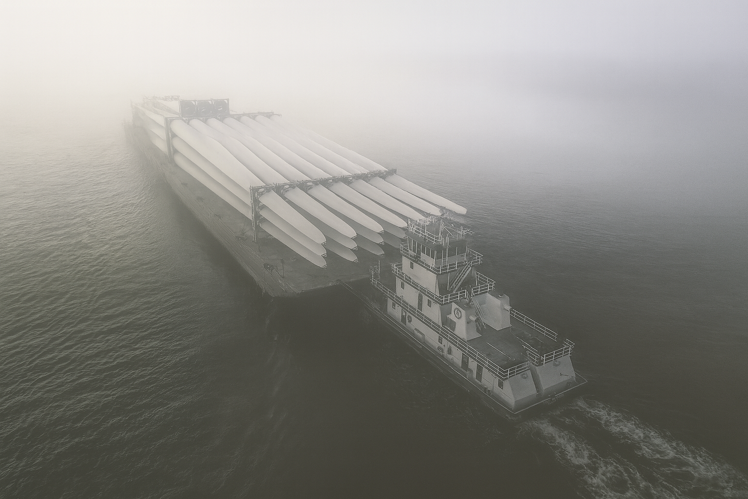 A tugboat pushes a large barge loaded with wind turbine blades through sea fog, with limited visibility and a muted, atmospheric background.